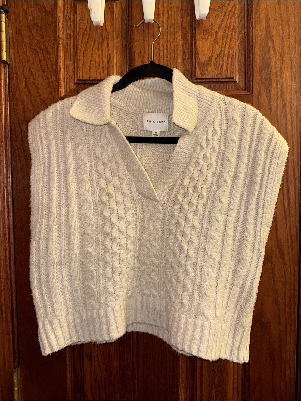 Pink Rose Cream Cable Knit V-Neck Sweater Vest with Collar